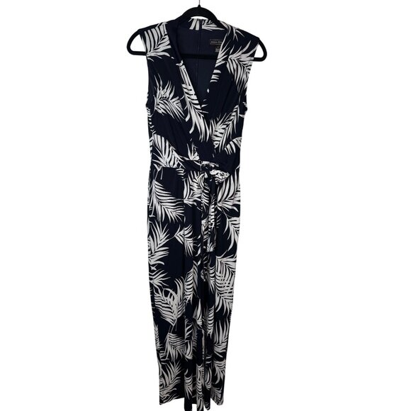 2/$30 Jessica Howard Small Romper Jumpsuit Sleeveless Navy & White Leaf Print - Picture 3 of 16
